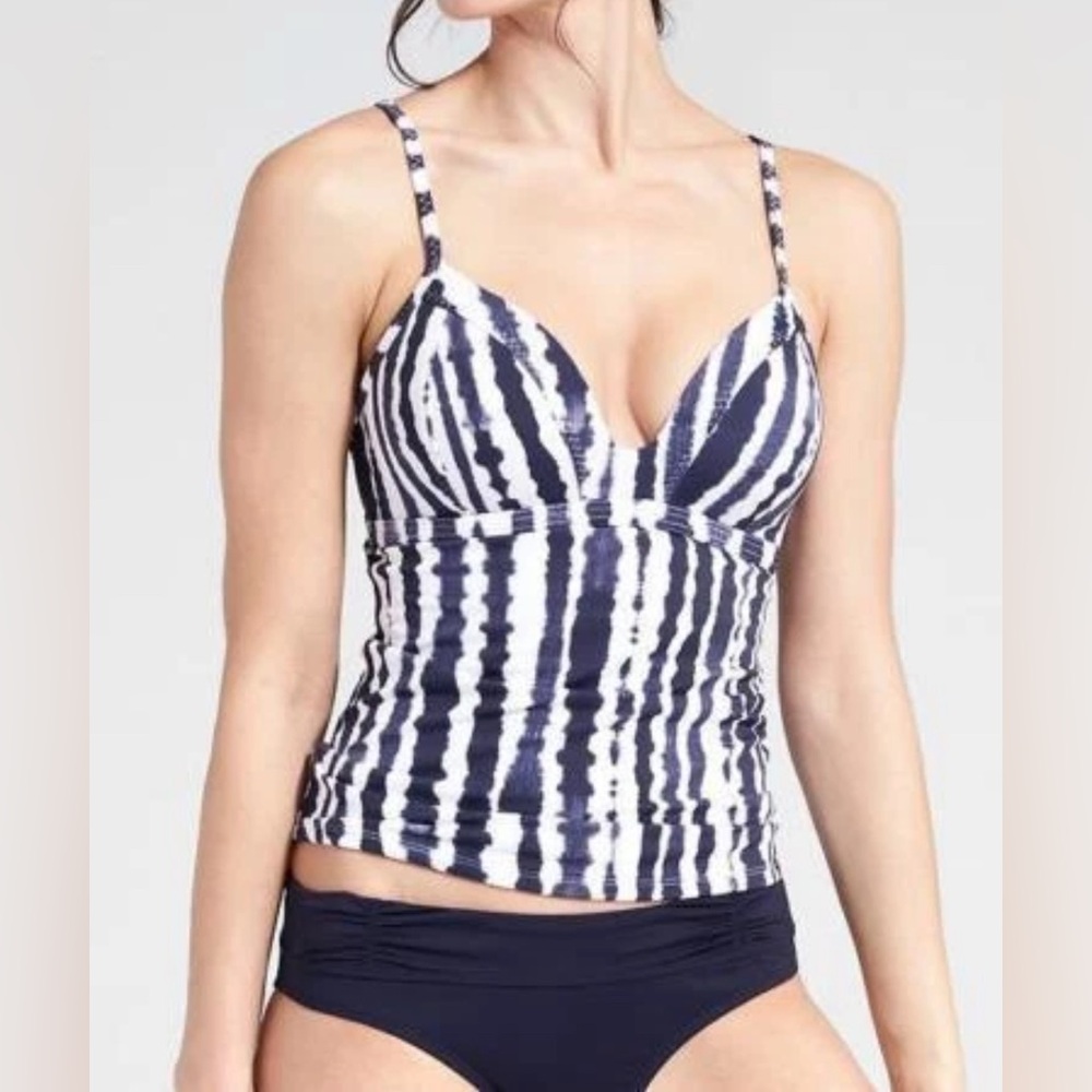 Athleta Wave Break Stripe Tankini Bathing Suit Top Blue White Adjustable Strap S